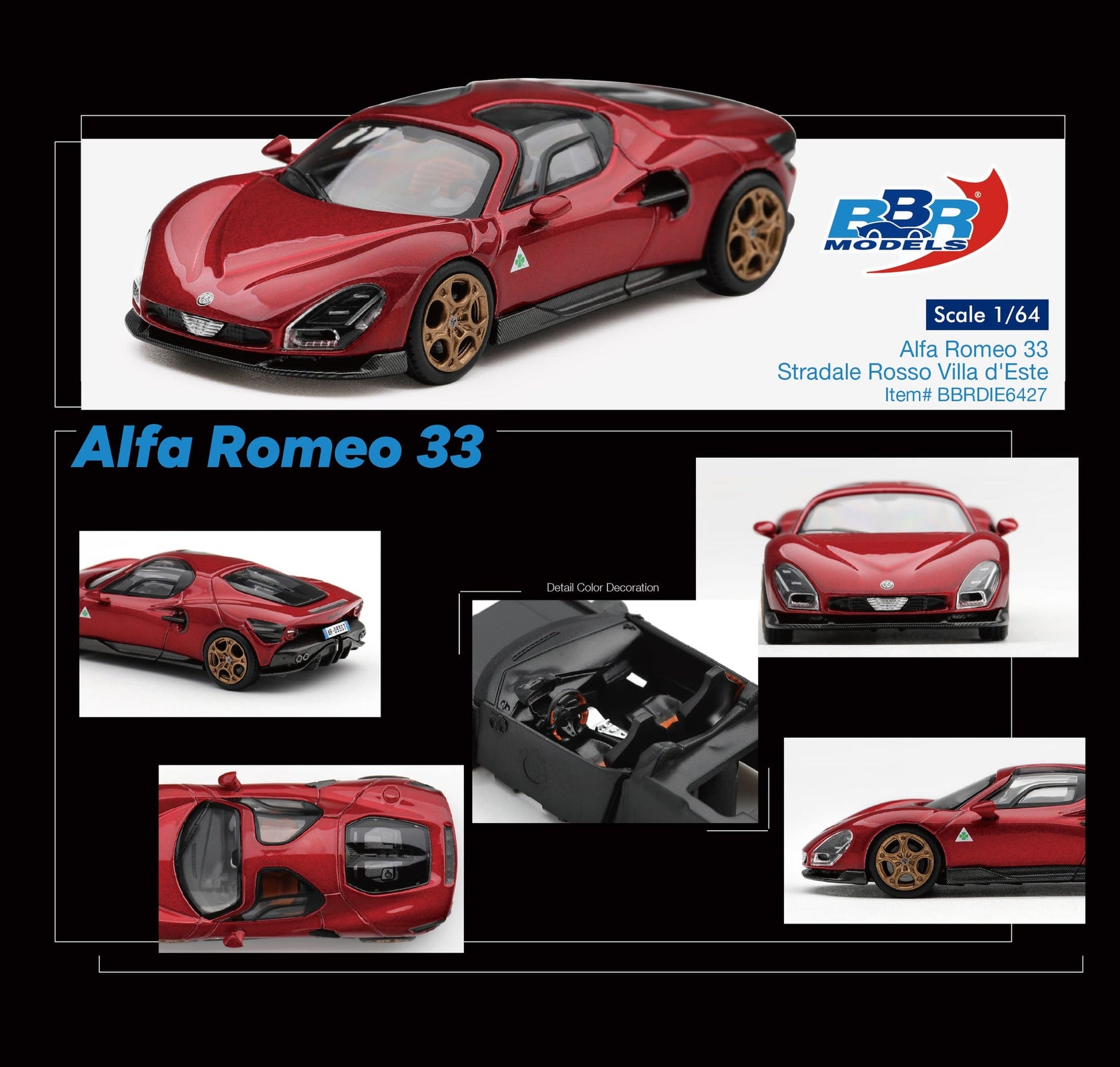 (Pre-order) BBR 1/64 Alfa Romeo 33 Stradale Rosso Villa d'Este Diecast Model Car