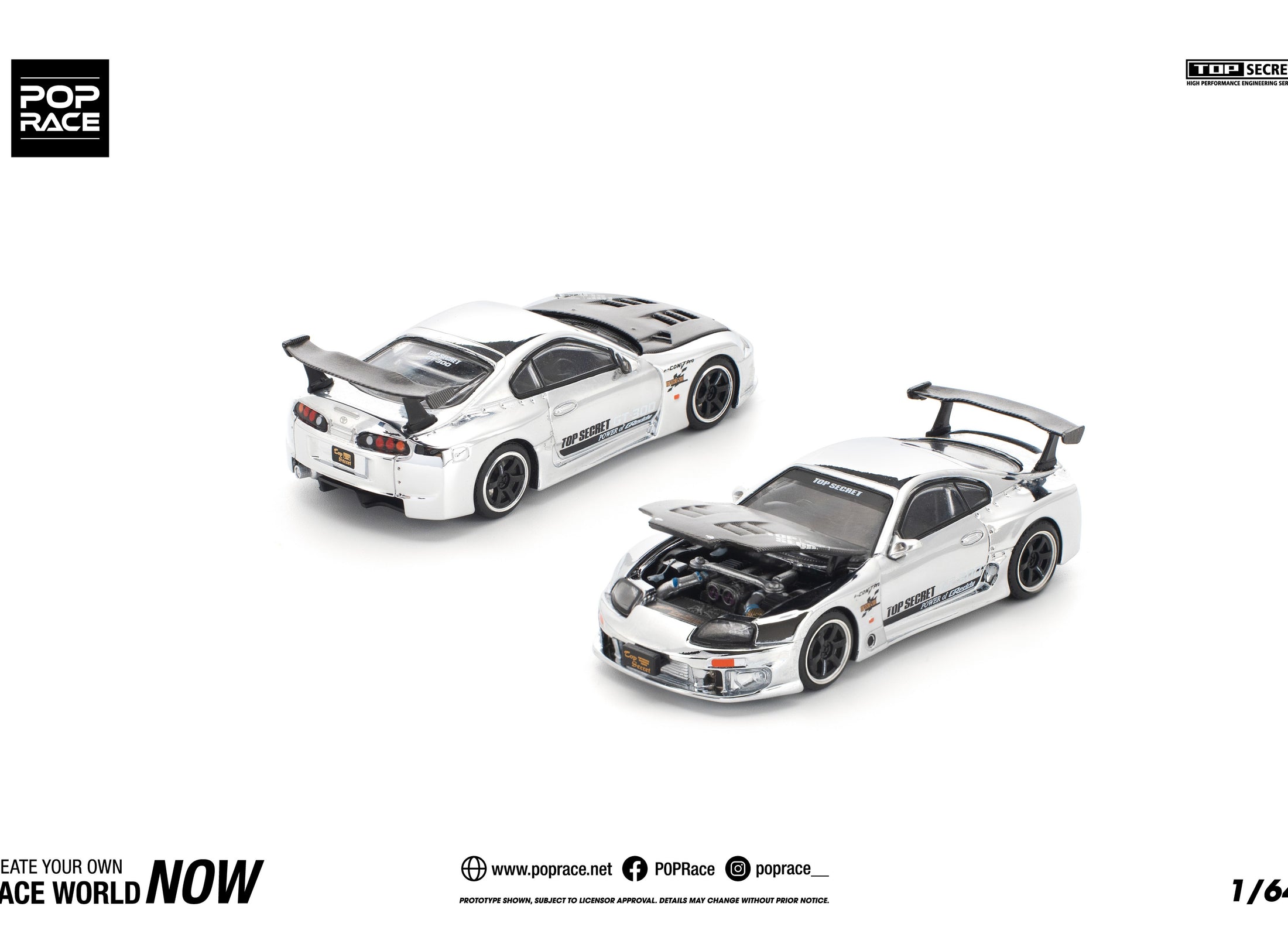 POPRACE 1/64 TOP SECRET GT300 SUPRA - SILVER CHROME Model Car