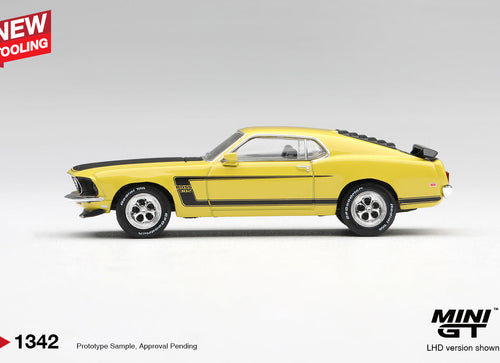 Load image into Gallery viewer, (Pre-order) Mini GT #1342 Ford Mustang Boss 302 Bright Yellow 1969 LHD Diecast
