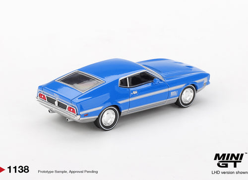 Load image into Gallery viewer, MINI GT #1138 Ford Mustang Mach 1 Grabber Blue Diecast Model Car
