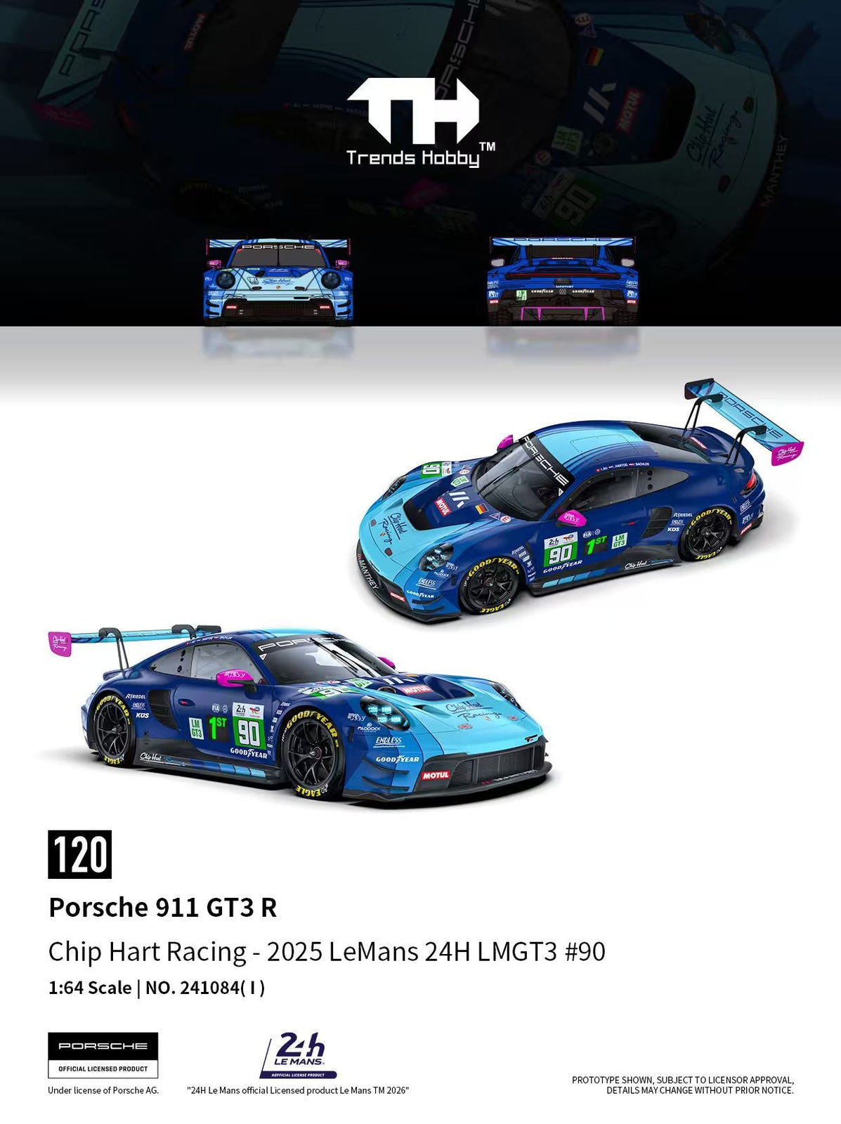 (Pre-order) Trends Hobby 1/64  Diecast Porsche 911 GT3 R LeMan 24H 2025 #90