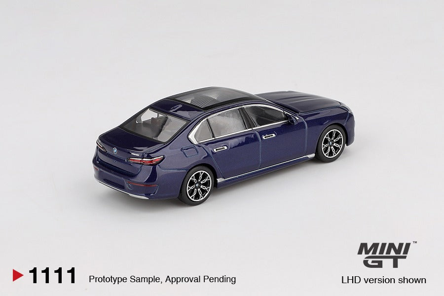 MINI GT #1111 BMW i7 xDrive60 Tanzanite Blue Metallic RHD Diecast