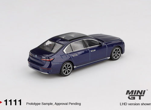 Load image into Gallery viewer, MINI GT #1111 BMW i7 xDrive60 Tanzanite Blue Metallic RHD Diecast
