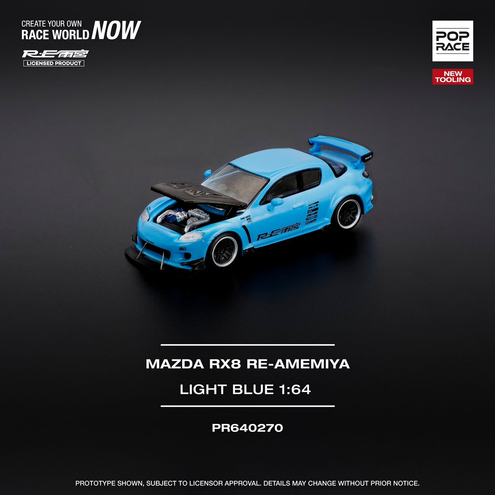 POPRACE 1/64 MAZDA RX-8 RE-AMEMIYA LIGHT BLUE (Opening Front Hood )