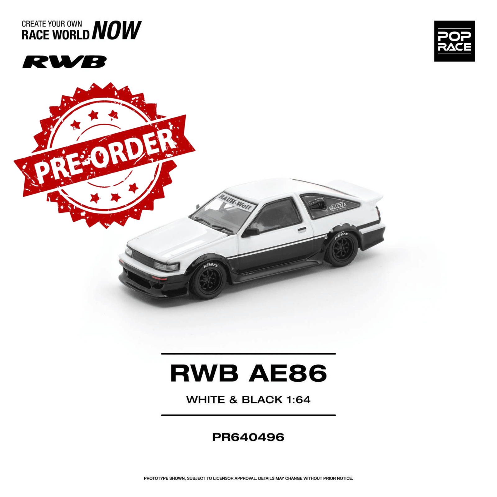 (Pre-order) POP RACE 1/64 RWB AE86 WHITE BLACK Diecast Model Car #PR640496