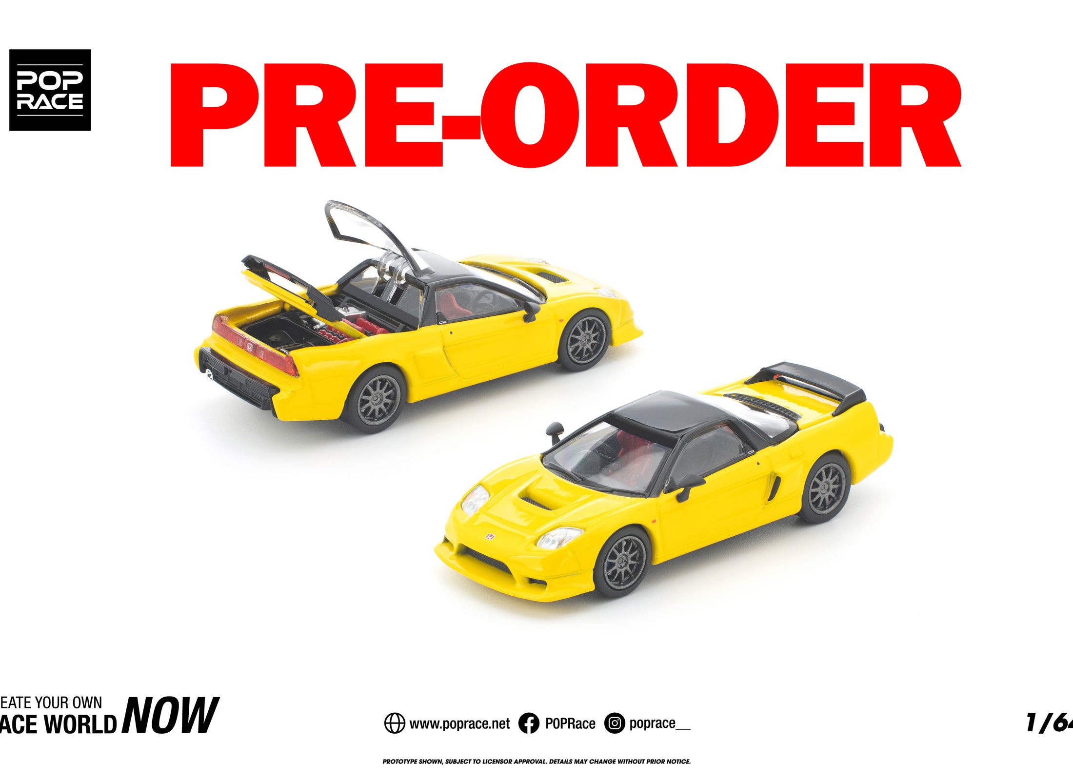 (Pre-order) POPRACE 1/64 HONDA NSX-R YELLOW Diecast Model Car