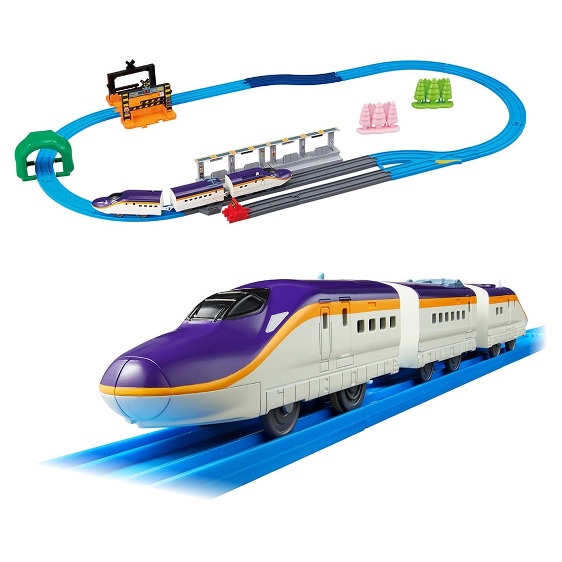 Takara Tomy Plarail Series E8 `Tsubasa` & Tomica Arch Railroad Crossing Set