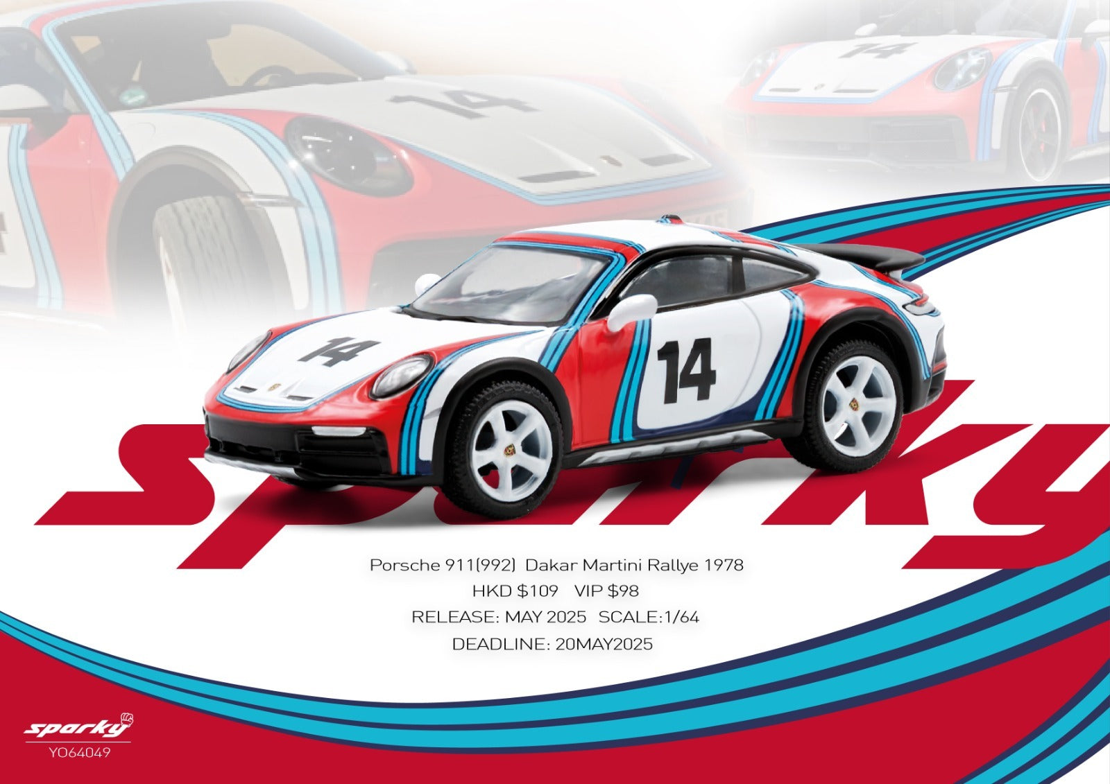 Sparky x TINY 1/64 Porsche 911(992) Dakar Martini Rallye 1978 Diecast Model Car