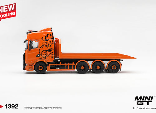 Load image into Gallery viewer, (Pre-order) Mini GT #1392 Scania 770S B8x4NA Hooklift Flatbed Orange RHD
