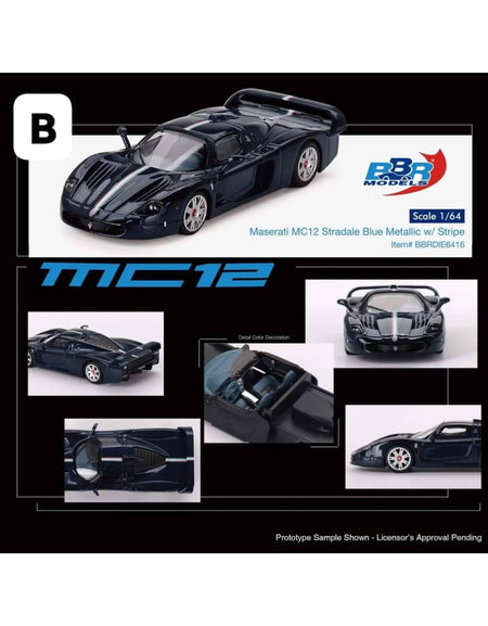 BBR Model 1:64 Maserati MC12 Stradale Blue Metallic w/ Stripe Car