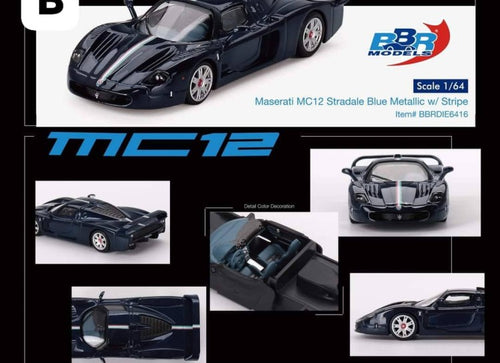 Load image into Gallery viewer, BBR Model 1:64 Maserati MC12 Stradale Blue Metallic w/ Stripe Car

