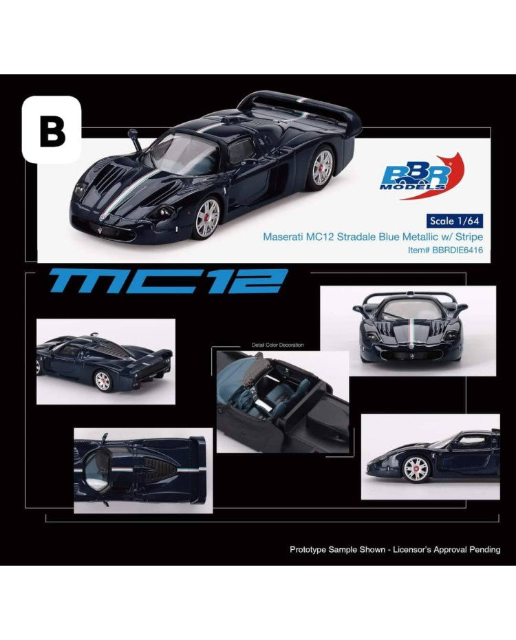 BBR Model 1:64 Maserati MC12 Stradale Blue Metallic w/ Stripe Car