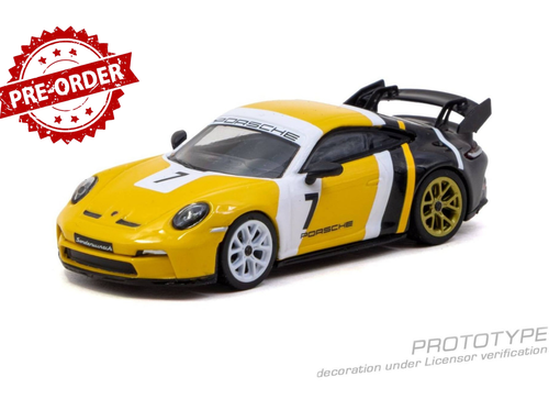 Load image into Gallery viewer, (Pre-order) Tarmac Works 1/64 Porsche 911 GT3 (992) Yellow / Black Diecast Model
