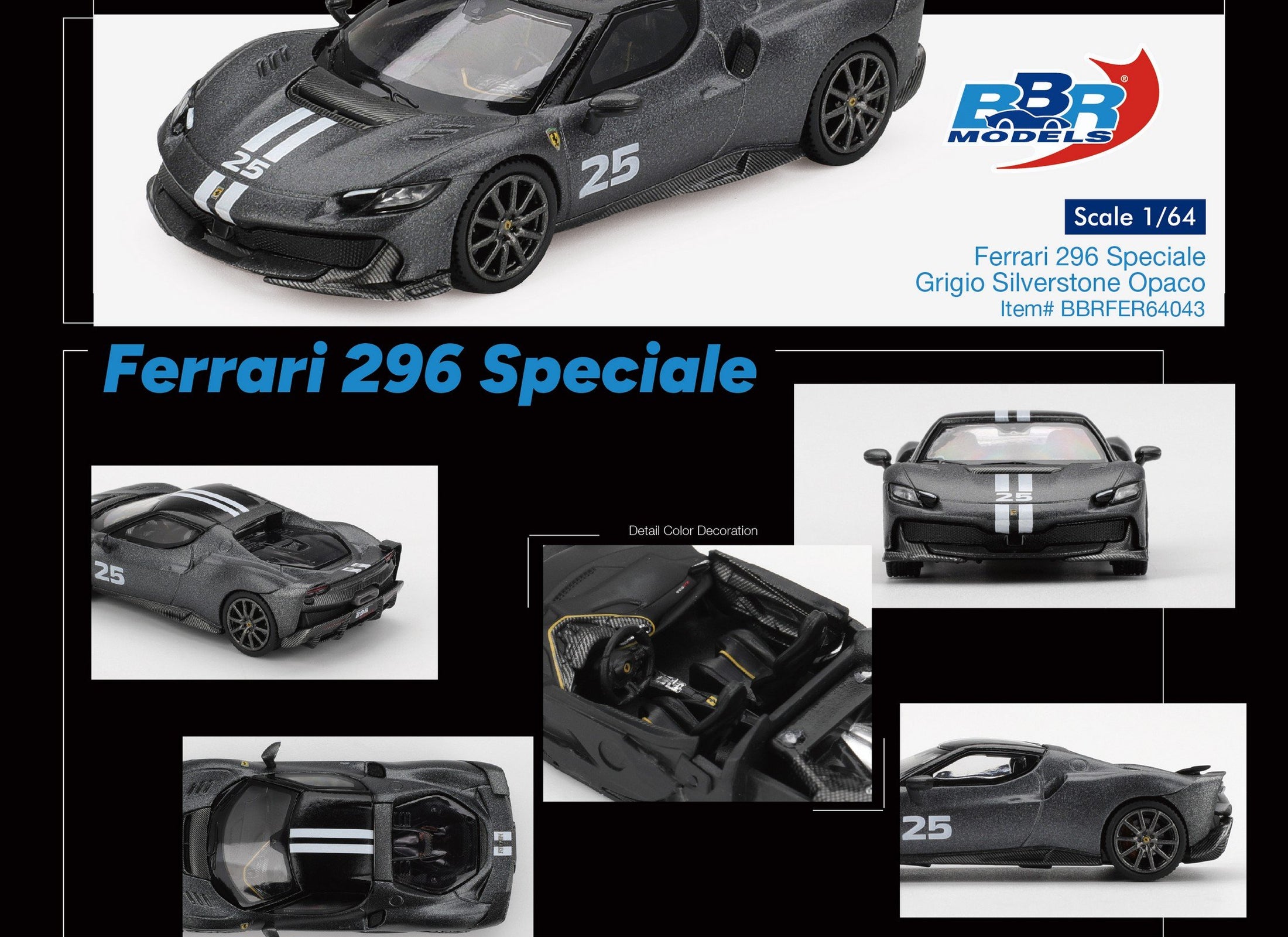 (Pre-order) BBR 1/64 Ferrari 296 Speciale Grigio Silverstone Opaco Model Car