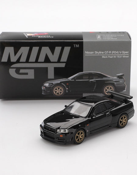Mini GT 1/64 1126 Nissan Skyline GT-R (R34) V.Spec Black Pearl W/ TE37 Wheel