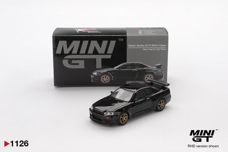 Mini GT 1/64 1126 Nissan Skyline GT-R (R34) V.Spec Black Pearl W/ TE37 Wheel