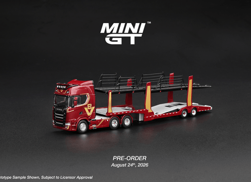 Load image into Gallery viewer, (Pre-order) Mini GT #1350 Scania 770S A6x4NA Car Transporter V8 50th Anniv. LHD
