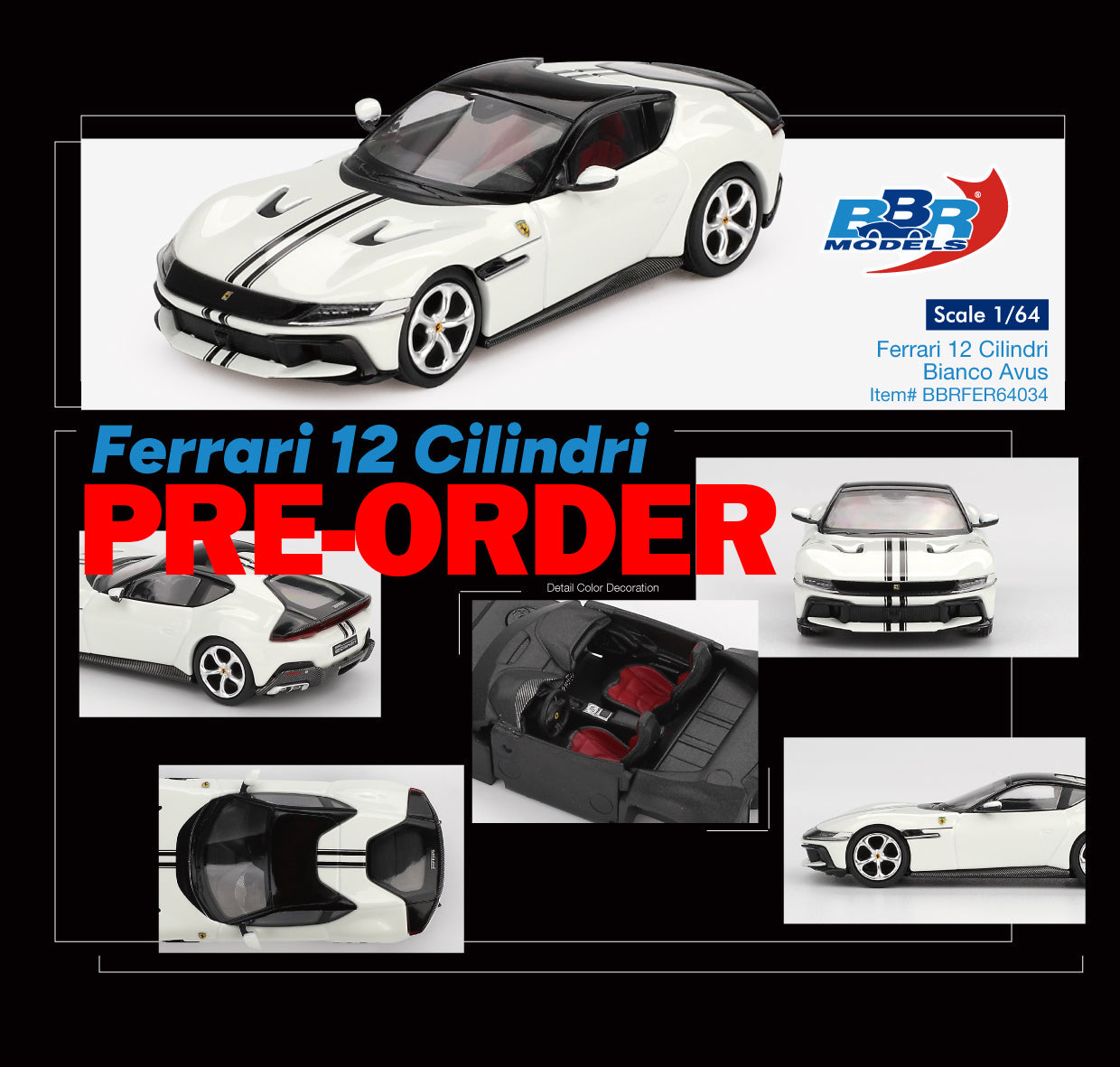 (Pre-order) BBR 1/64 Ferrari 12 Cilindri Bianco Avus Diecast Model BBRFER64034