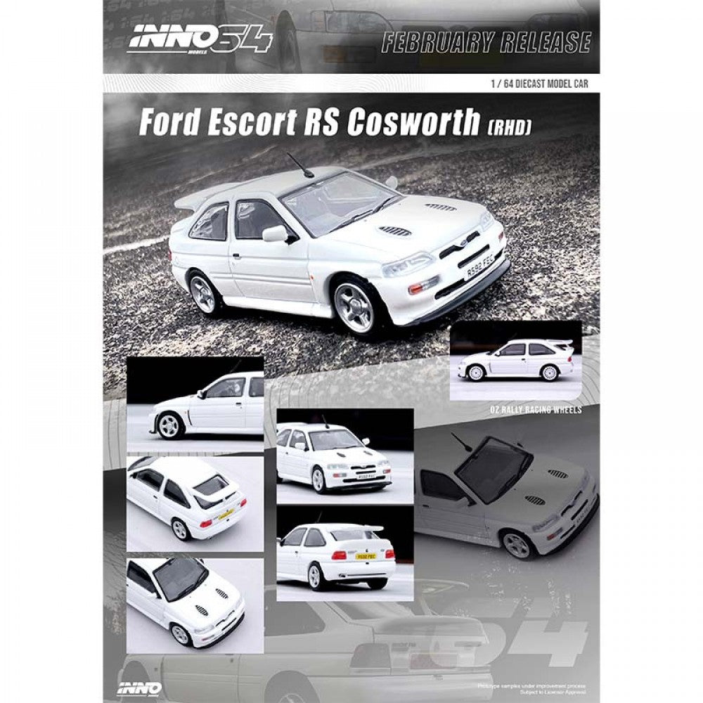 INNO64 1/64 FORD ESCORT RS COSWORTH WHITE LHD DIECAST WITH OZ RALLY RACING WHEEL