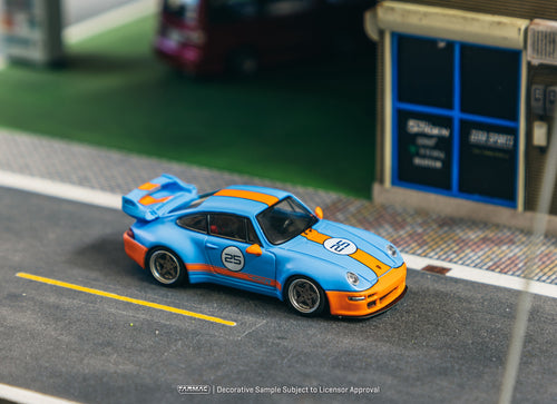 Load image into Gallery viewer, Tarmac Works 1/64 993 Remastered By Gunther Werks Blue / Orange Car
