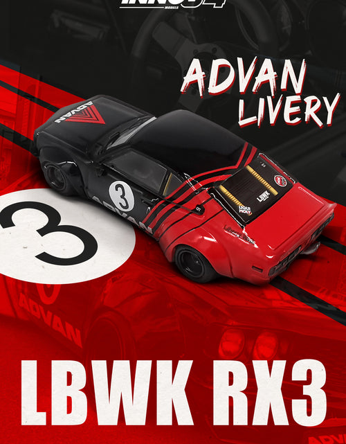 Load image into Gallery viewer, INNO64 MODELS 1/64 LBWK MAZDA RX3 SAVANNA &quot;ADVAN LIVERY&quot; Model Car
