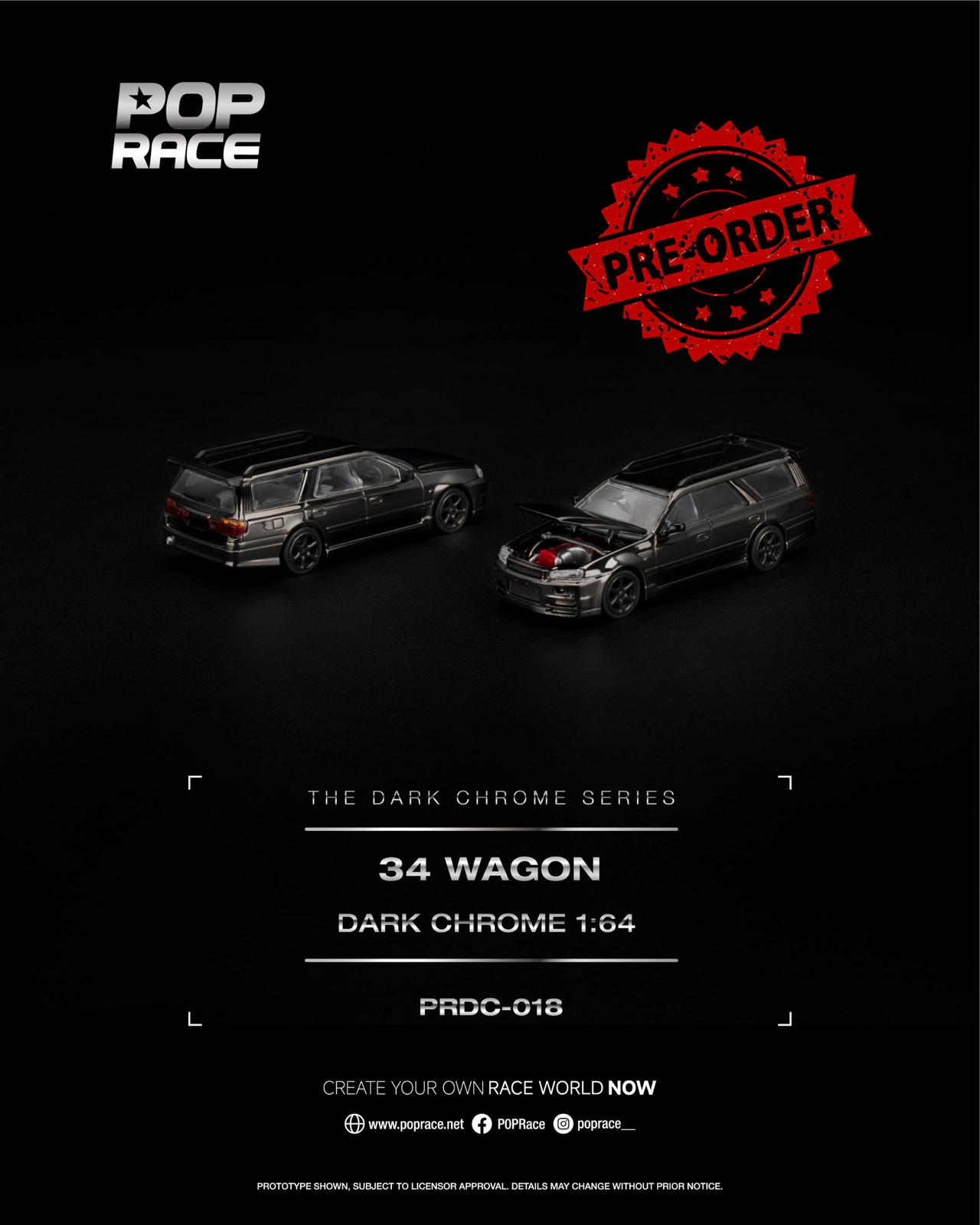 (Pre-order) POP RACE R34 WAGON DARK CHROME Opening Front Detailed Engine PRDC018