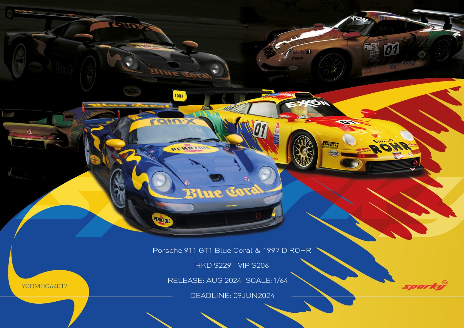 Sparky 1/64 Porsche 911 GT1 Blue Coral & 1997 D ROHR (Tiny Exclusive) 2-car set