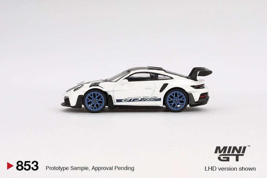 (Pre-order) Mini GT #853 Porsche 911 (992) GT3 RS Weissach Package White Blu RHD