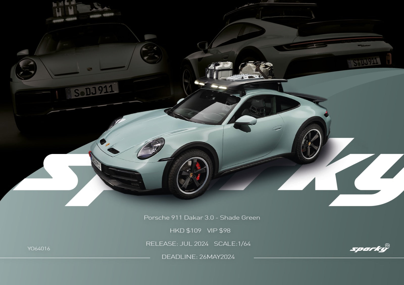 Sparky 1/64 Porsche 911 2023 Dakar 3.0 Shade Green Diecast Model Car
