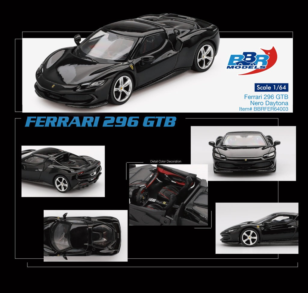 BBR 1/64 Ferrari 296 GTB Nero Daytona Diecast Model Car