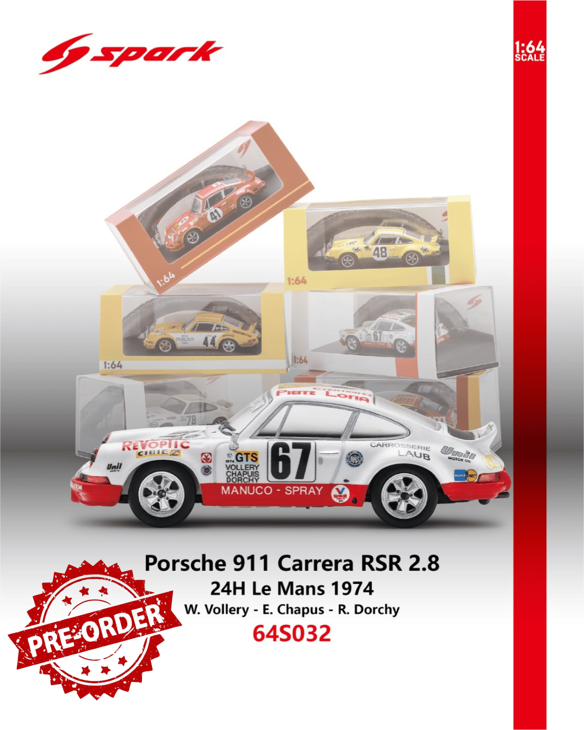 (Pre-order) Sparky 1/64 - Porsche 911 Carrera RSR 2.8 No.67 24H Le Mans 1974