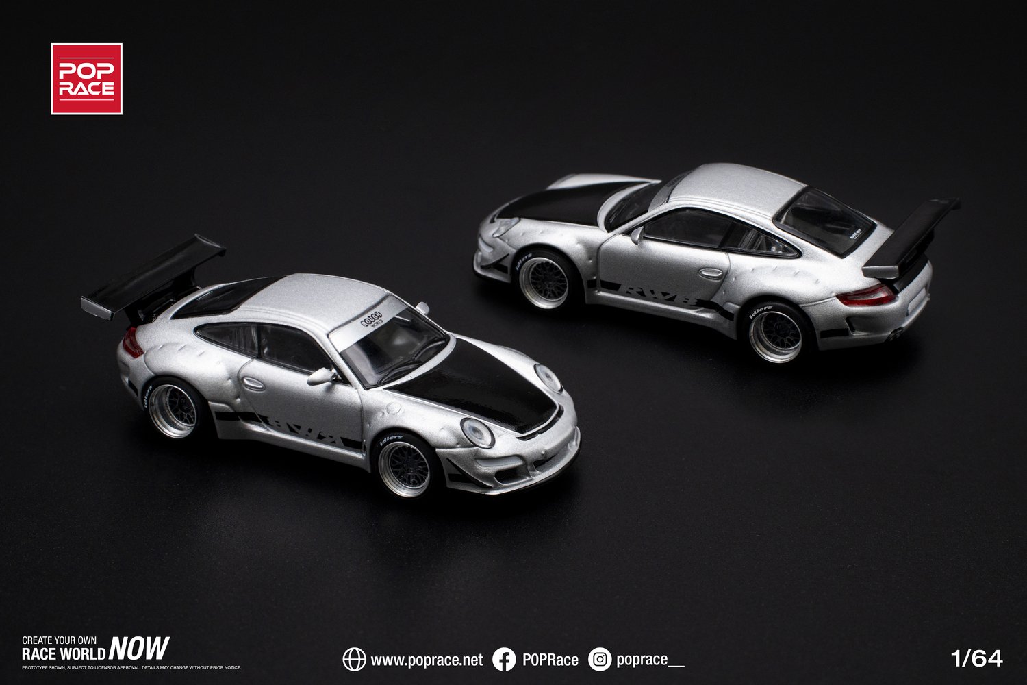 POPRACE 1/64 RWB 997 Silver Diecast Model Car