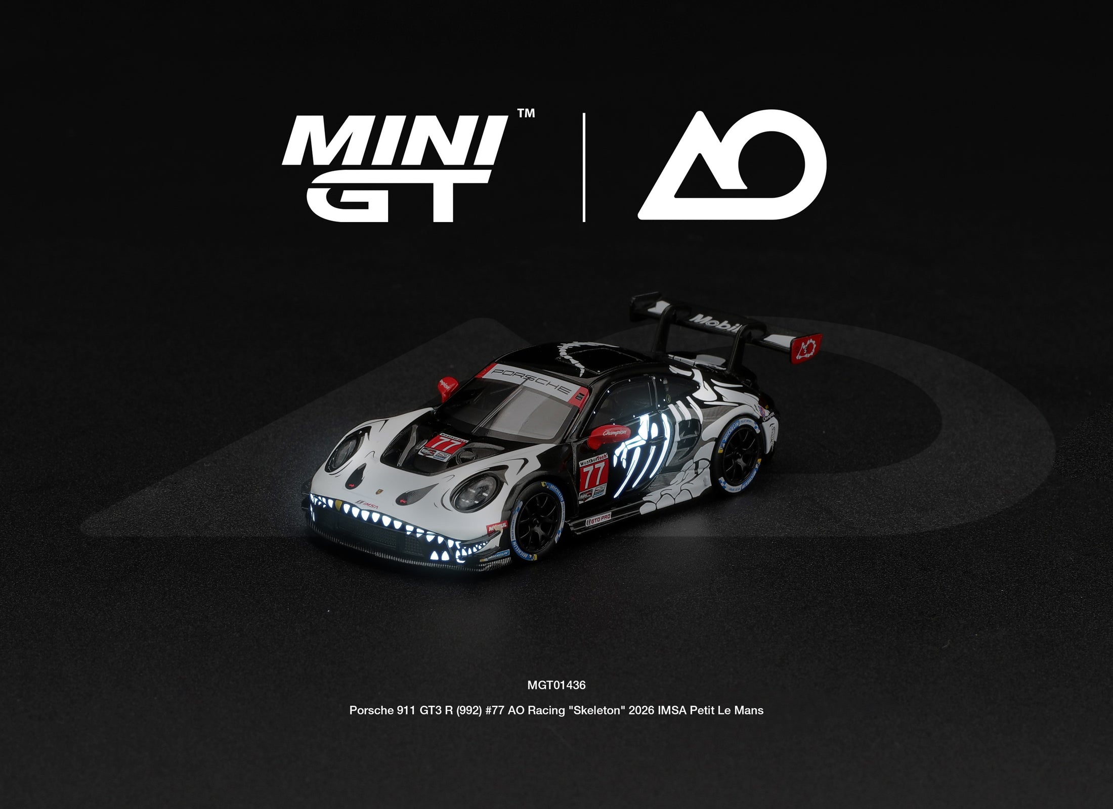 (Pre-order) Mini GT #1436 Porsche 911 GT3 R (992) #77 AO Racing Skeleton Rexy