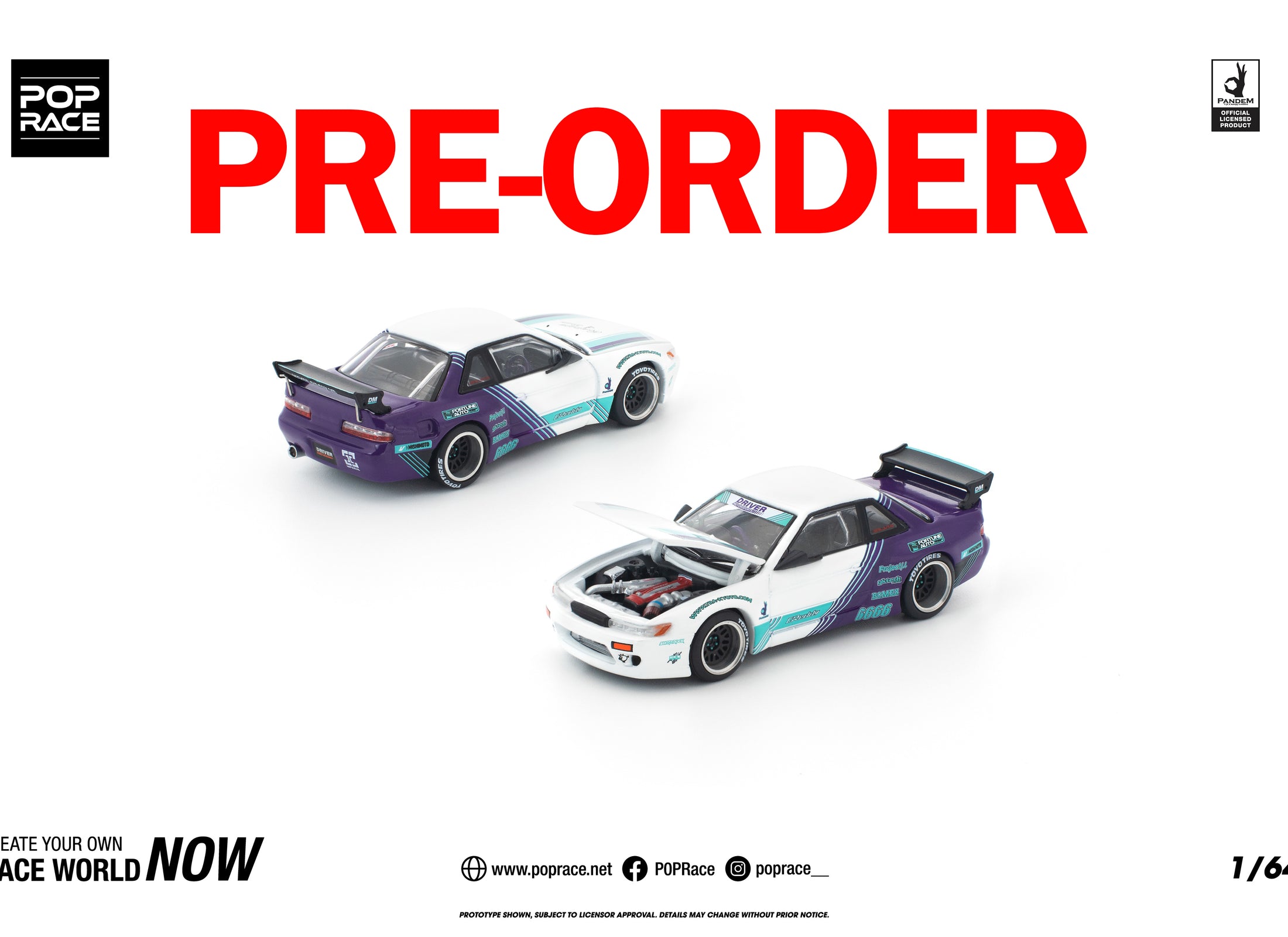 (Pre-order) POPRACE 1/64 PANDEM S13 WHITE PURPLE Diecast Model Car #PR640455
