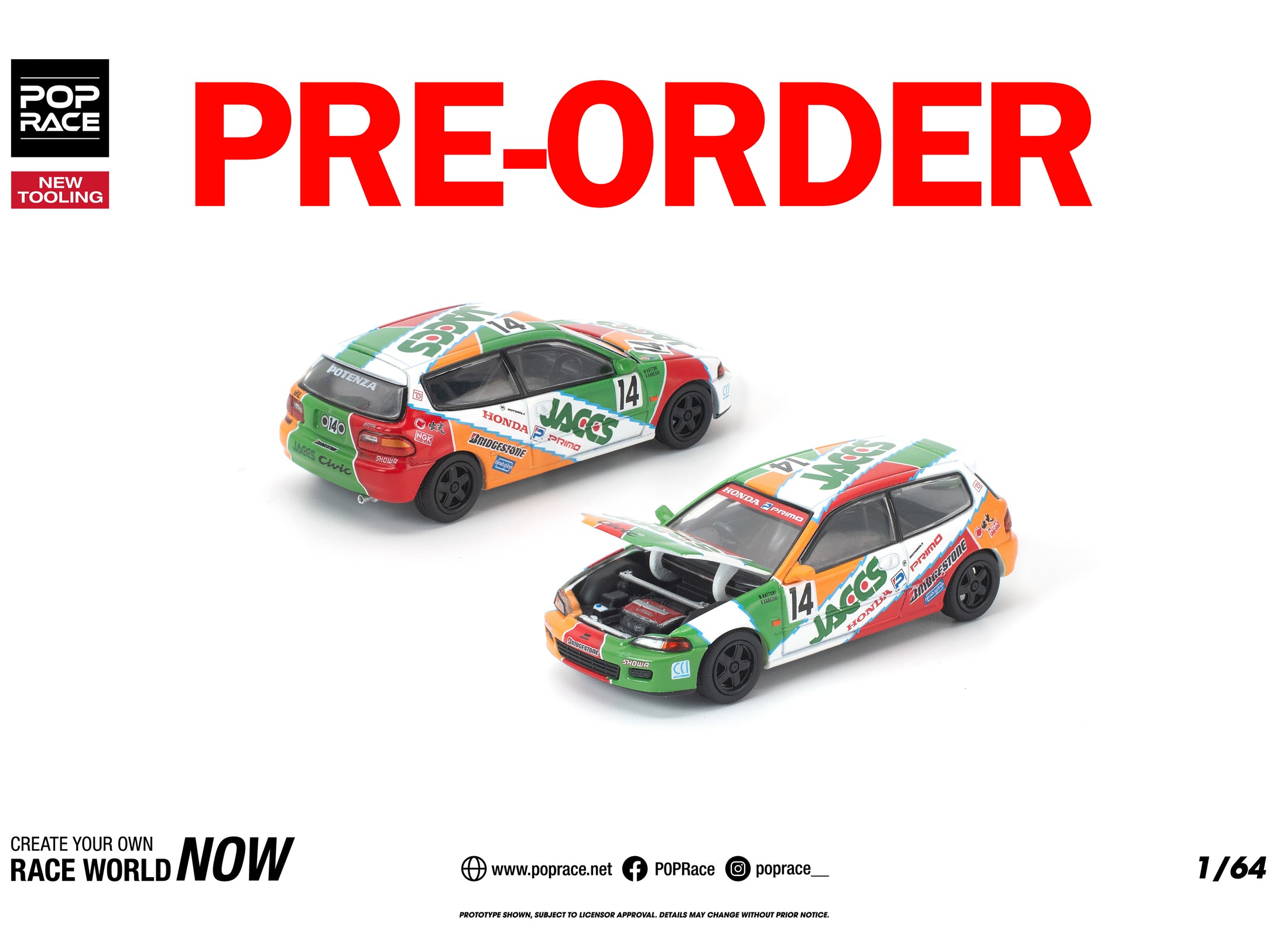 (Pre-order) POP RACE 1/64 HONDA CIVIC (EG6) JACCS Diecast Model Car #PR640465