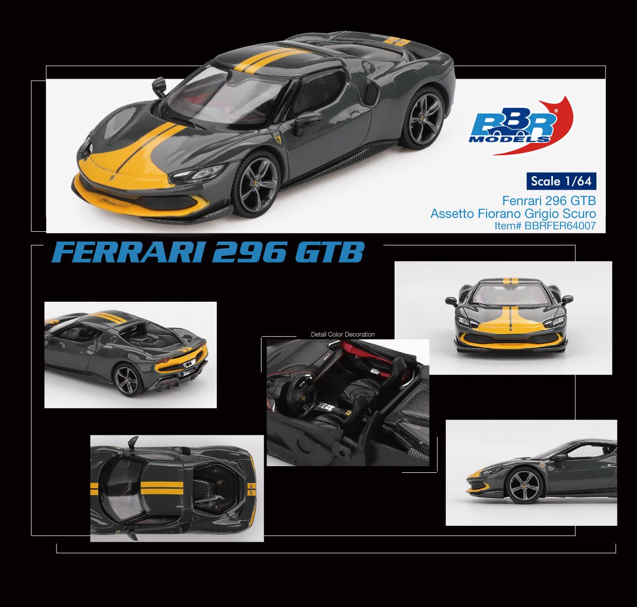 BBR 1/64 Ferrari 296 GTB Assetto Fiorano Grigio Scuro Diecast Model