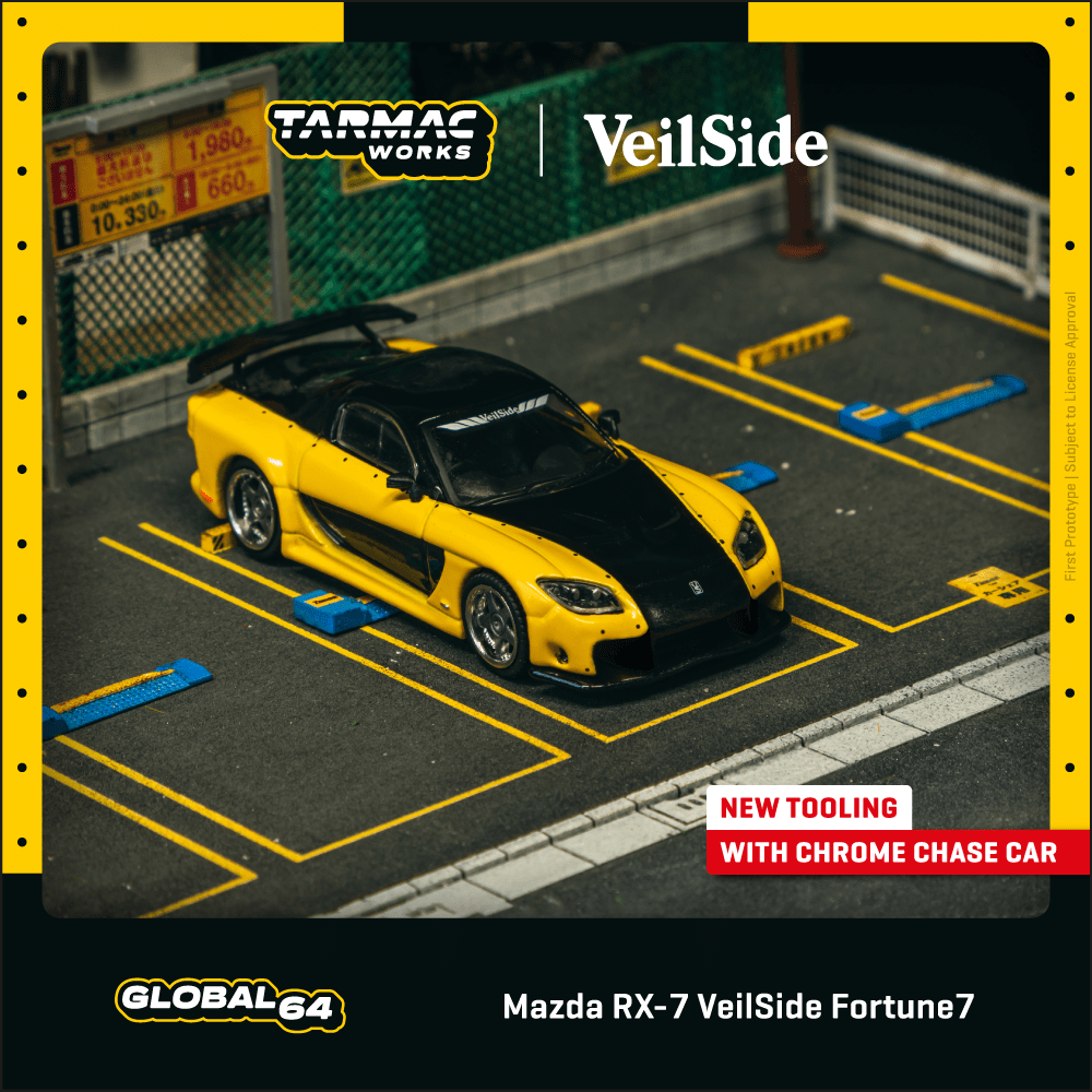Tarmac Works 1/64 Mazda RX-7 VeilSide Fortune7 Yellow / Black Model