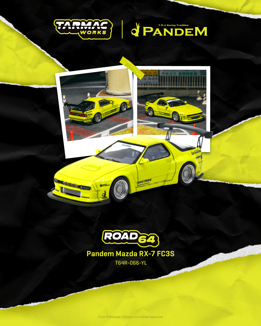 (Pre-order) Tarmac Works 1/64 Pandem Mazda RX-7 FC3S Yellow Diecast Model Car