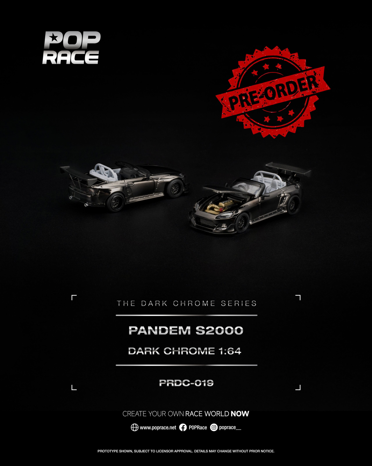 (Pre-order) POP RACE PANDEM S2000 DARK CHROME Opening Front Model Car PRDC019
