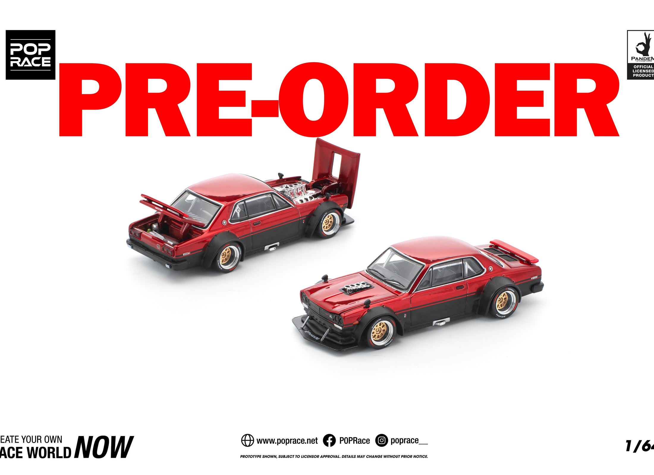 (Pre-order) POPRACE 1/64 SKYLINE GT-R V8 DRIFT (HAKOSUKA) - RED BLACK Model Car