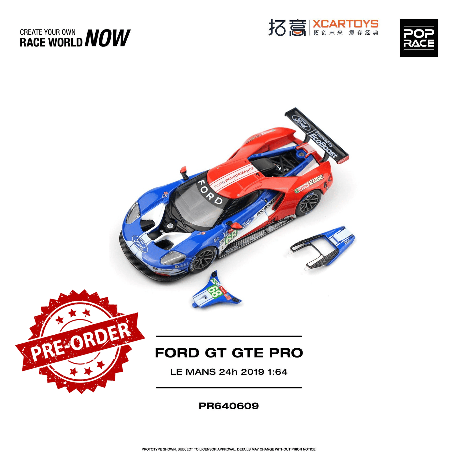 (Pre-order) POPRACE 1/64 - FORD GT GTE PRO LE MANS 24H 2019 Diecast Model Car