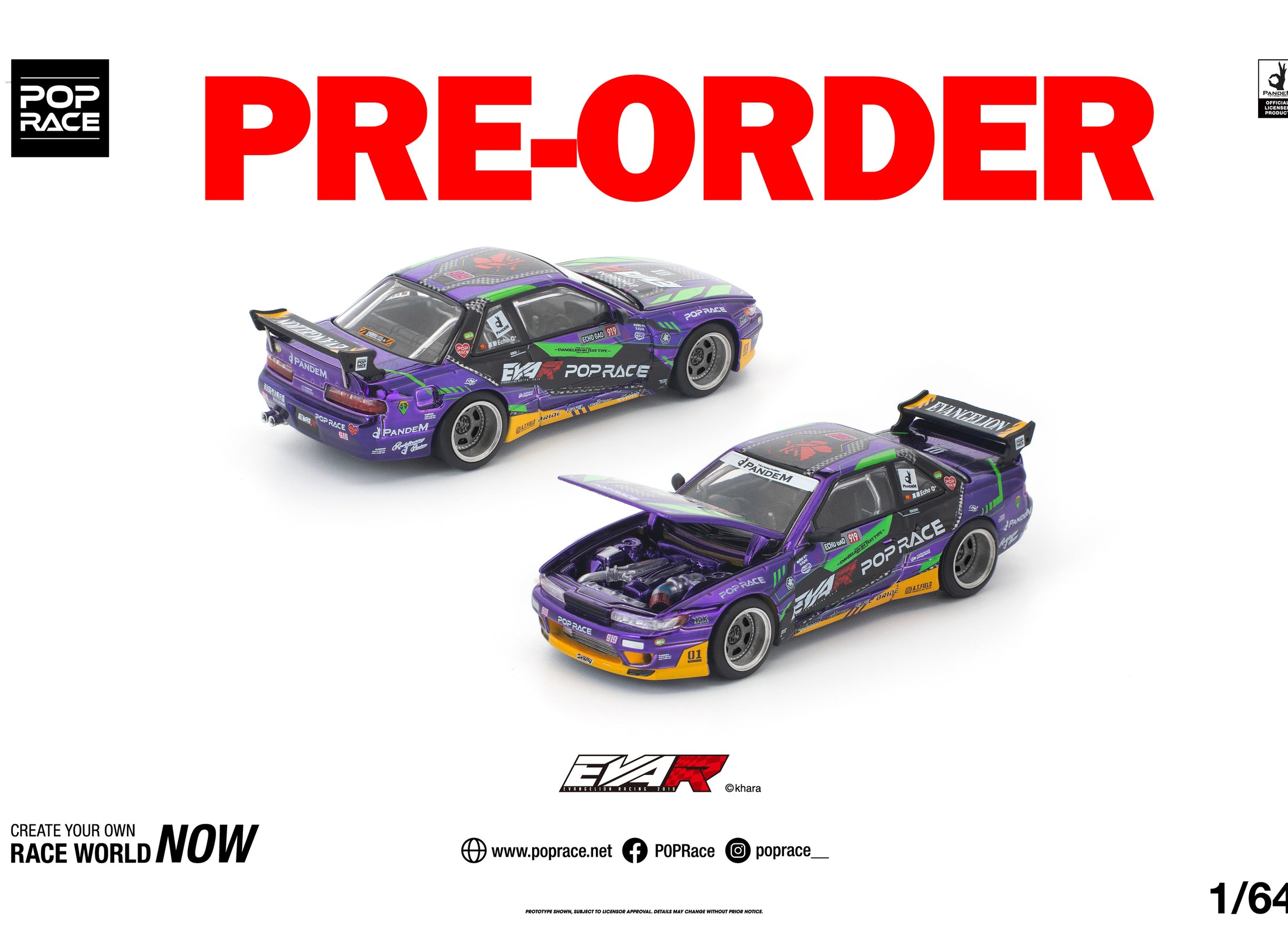 (Pre-order) POPRACE 1/64 PANDEM S13 EVA RT TEST TYPE-01 Diecast Model Car