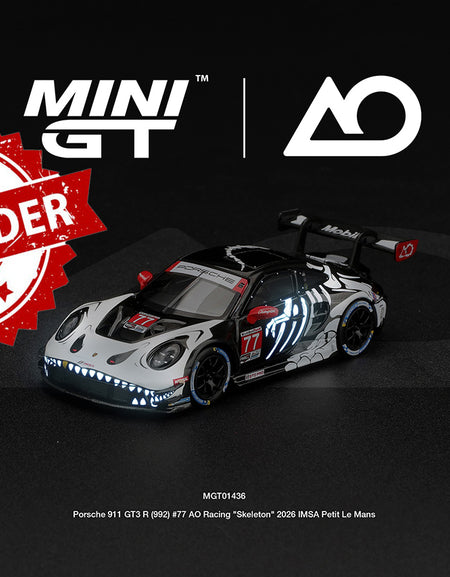 (Pre-order) Mini GT #1436 Porsche 911 GT3 R (992) #77 AO Racing Skeleton Rexy