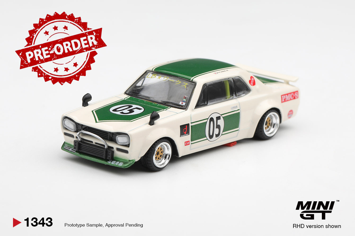 (Pre-order) Mini GT #1343 Nissan Skyline LB-WORKS "HAKOSUKA" White/Green RHD