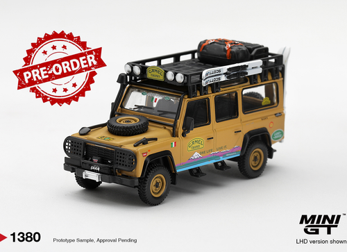 Load image into Gallery viewer, (Pre-order) Mini GT #1380 Land Rover Defender 110 1998 Camel Trophy Italy LHD
