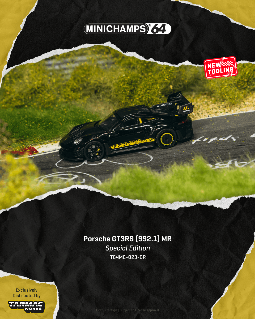 (Pre-order) Tarmac Works 1/64 Porsche GT3RS 992.1 MR Black Yellow Tarmac Special