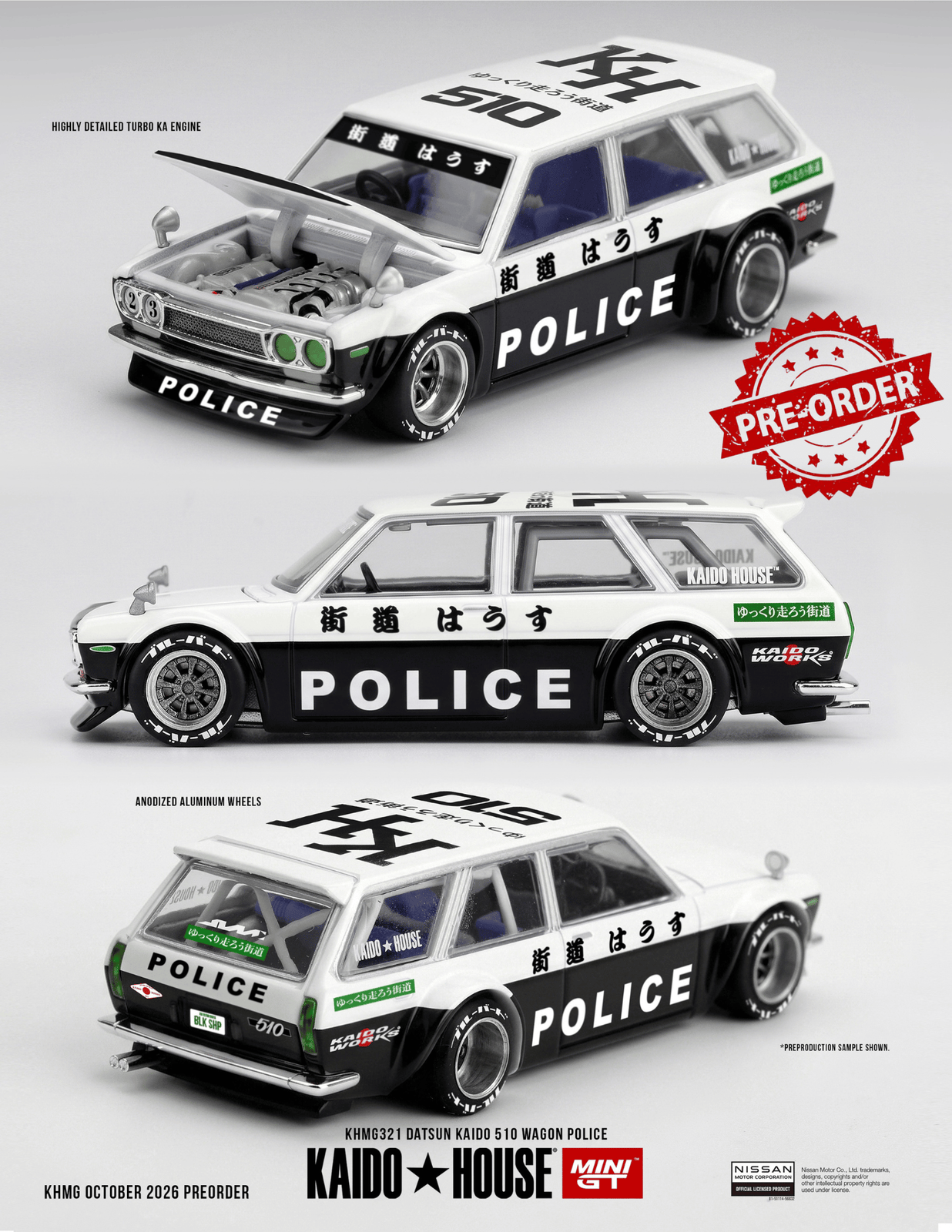 (Pre-order) Mini GT x Kaido House #321 Datsun KAIDO 510 Wagon Police Model Car