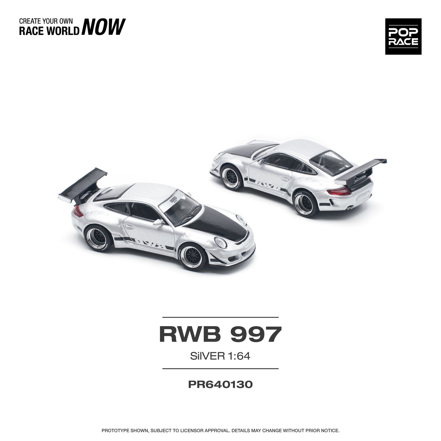 POPRACE 1/64 RWB 997 Silver Diecast Model Car