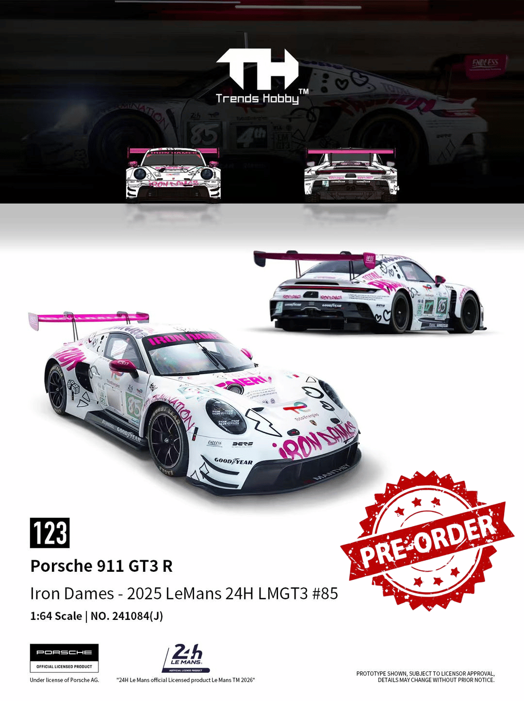 (Pre-order) Trends Hobby 1/64  Diecast Porsche 911 GT3 R LeMan 24H 2025 #85