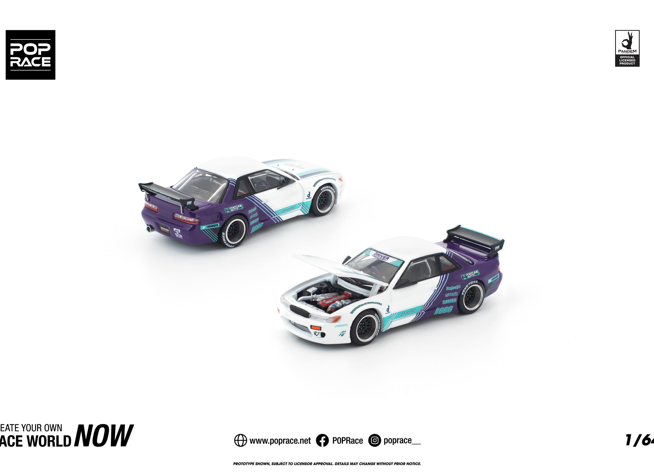(Pre-order) POPRACE 1/64 PANDEM S13 WHITE PURPLE Diecast Model Car #PR640455